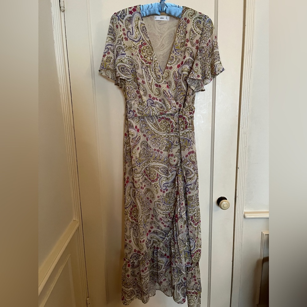 Mango (MNG) Paisley Floral Flutter Sleeve Ruffled Maxi Wrap Dress